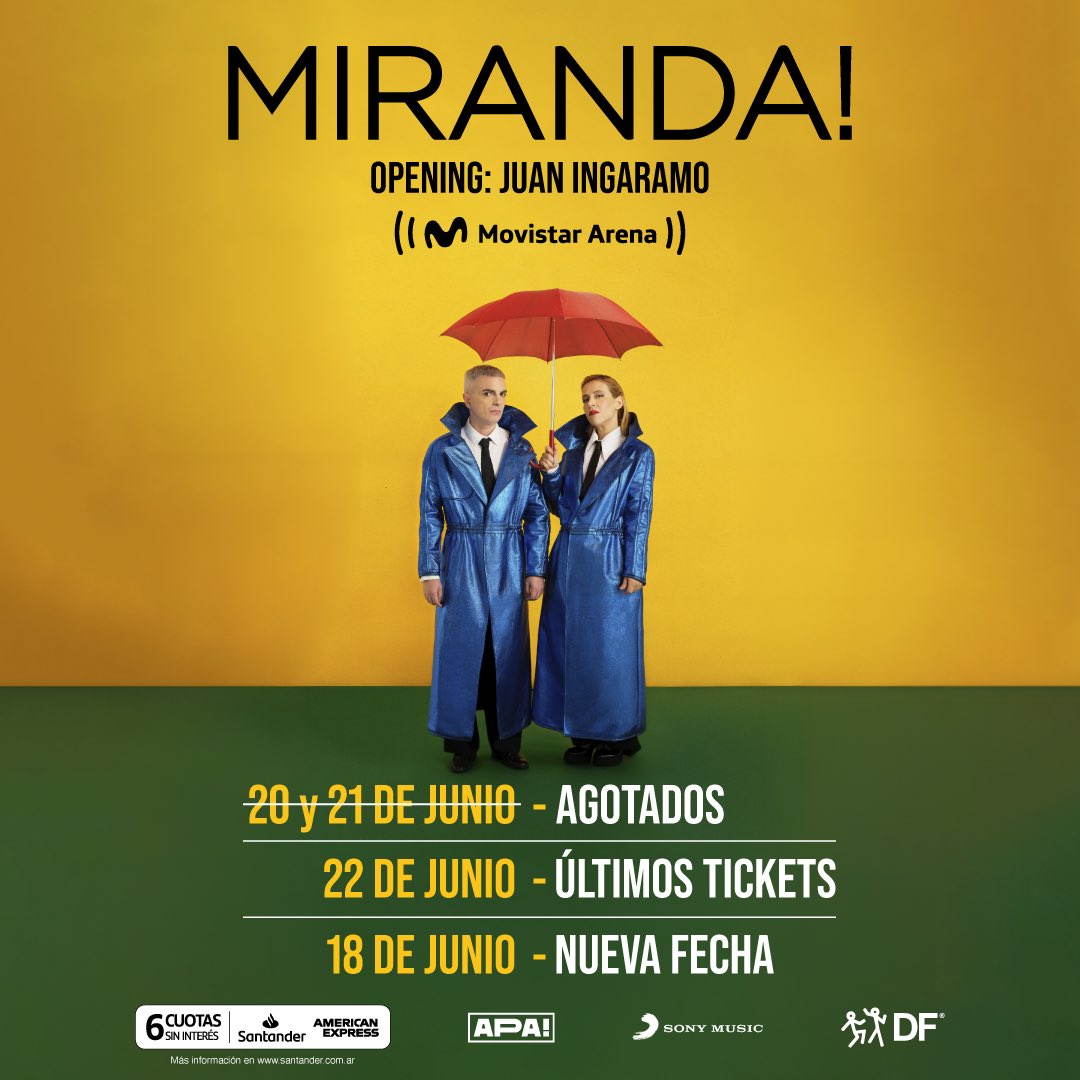 Cuarta fecha de @mirandaenvivo en Movistar Arena 🔥 🎫 Tickets a la venta: movistararena.com.ar/show/10f083af-… Disfrutá de 6 cuotas sin interés con tu tarjeta @Santander_Ar American Express