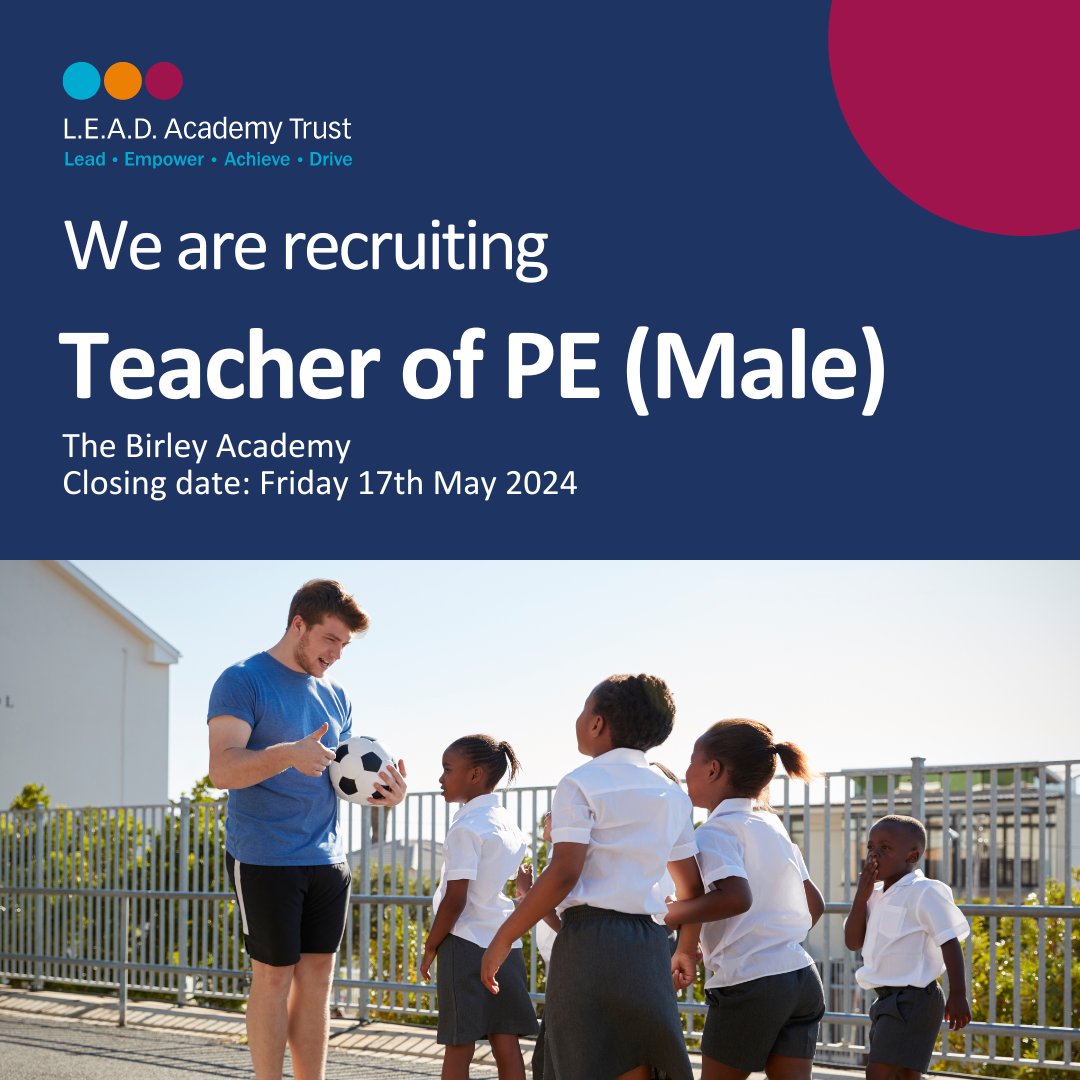 The Birley Academy is currently seeking a dedicated Male Teacher of PE to join their team. Responsibilities include providing a safe and happy environment, adhering to safeguarding policies, and promoting good progress and outcomes for students. 

leadacademytrust.co.uk/vacancies/teac…