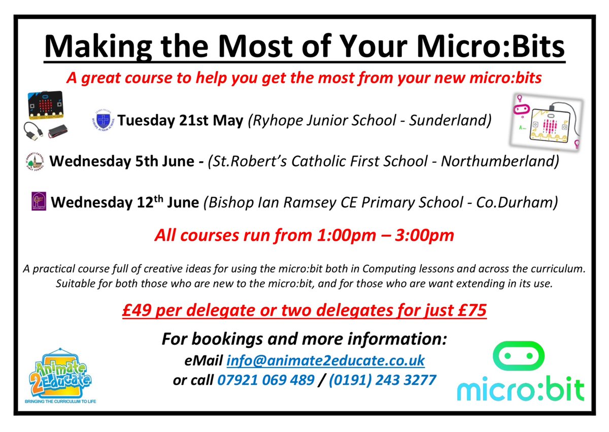Three dates remain of my ‘Making the Most of Your Micro:Bits’ course in the coming weeks. It will be held at Ryhope Junior School (Sunderland) on Tuesday 21st May, St.Robert’s Catholic First School on Wednesday 5th June and at Bishop Ian Ramsey CE Primary School on Wednesday 12th