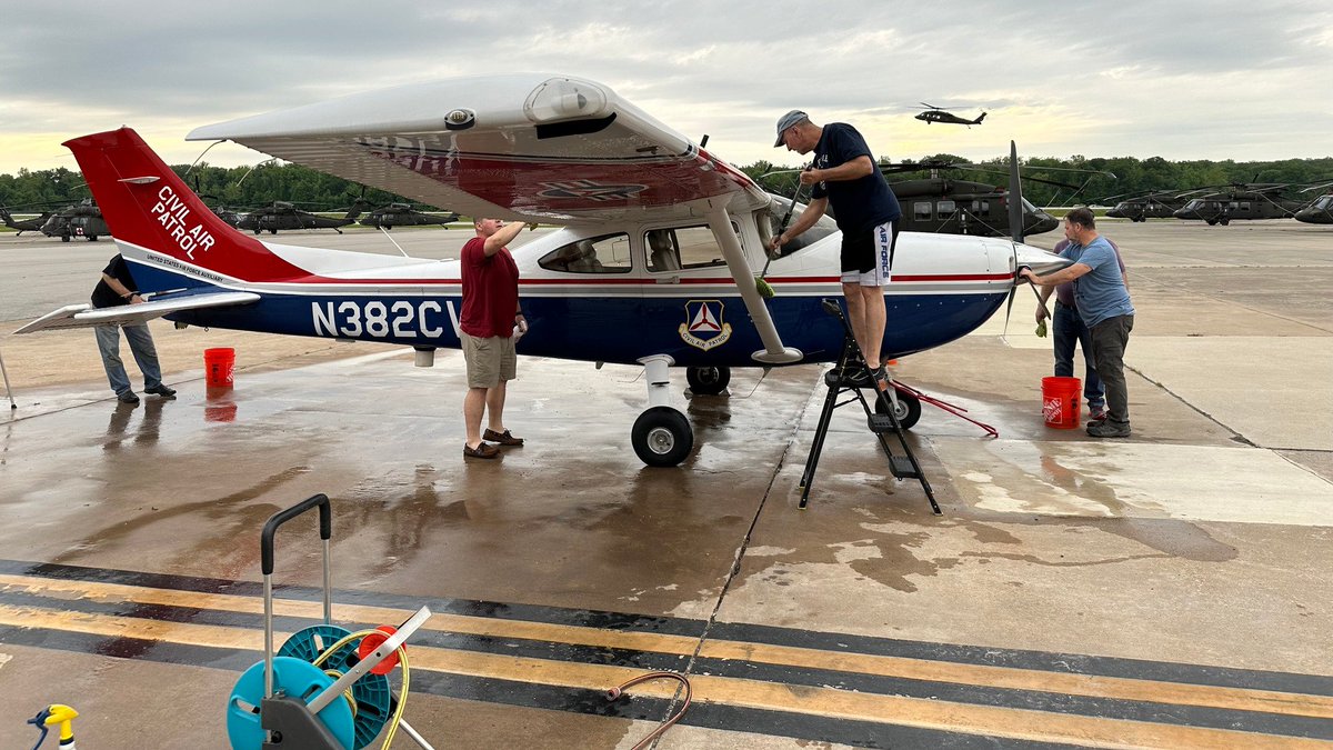 Our aircrew members gathered to give the fleet its 'spa day.' Each aircraft received a thorough cleaning, inside and out. Our thanks to the members who braved the darkening skies to do the job. The fleet looks great! #CivilAirPatrol #GoFlyCAP
