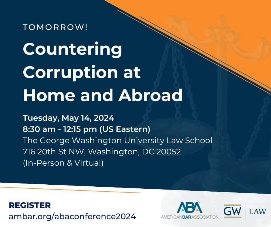 ABARuleofLaw's tweet photo. Our conference at @gwlaw takes place TOMORROW and we're excited for you to join us! As a note, our in-person registration is closed, but if you'd still like to attend, please register virtually at https://t.co/TU18NJ5cZ3! https://t.co/4FLNAyhxxb