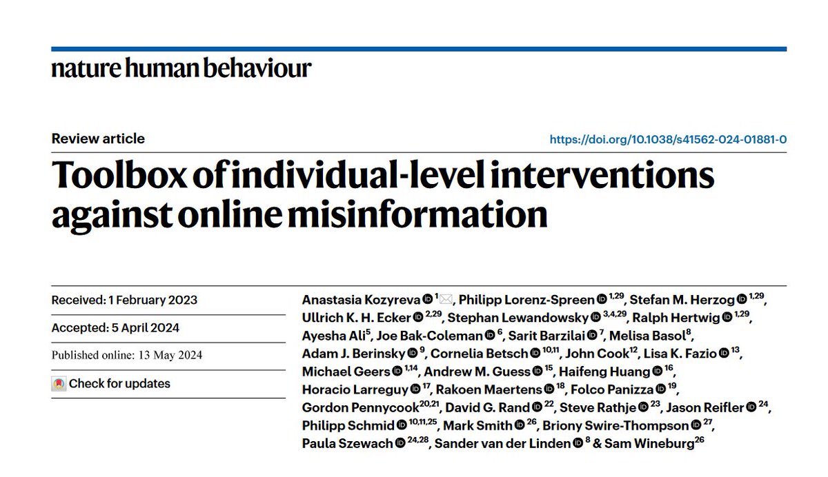 Useful review of interventions against online misinformation authored by a group of world-leading experts.

The authors review nine types of interventions:
- accuracy prompts
- debunking and rebuttals
- friction
- inoculation
- lateral reading and verification strategies
-
