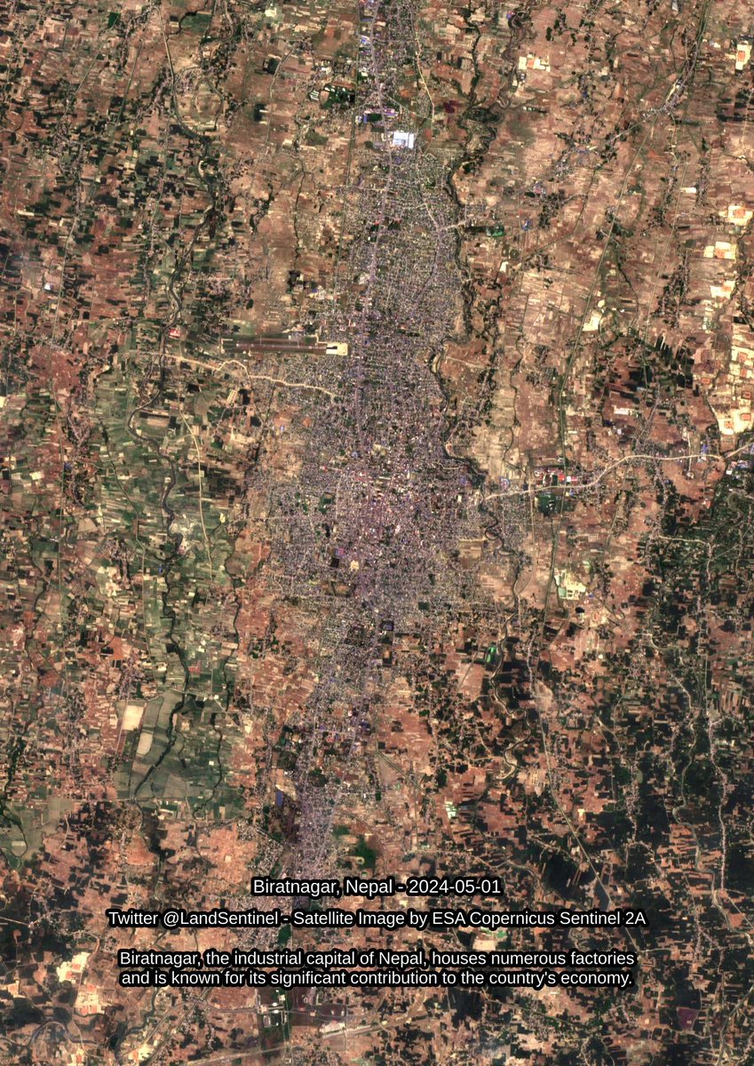 Biratnagar - Nepal - 2024-05-01

Biratnagar, the industrial capital of Nepal, houses numerous factories and is known for its significant contribution to the country's economy.

#SatelliteImagery #Copernicus #Sentinel2