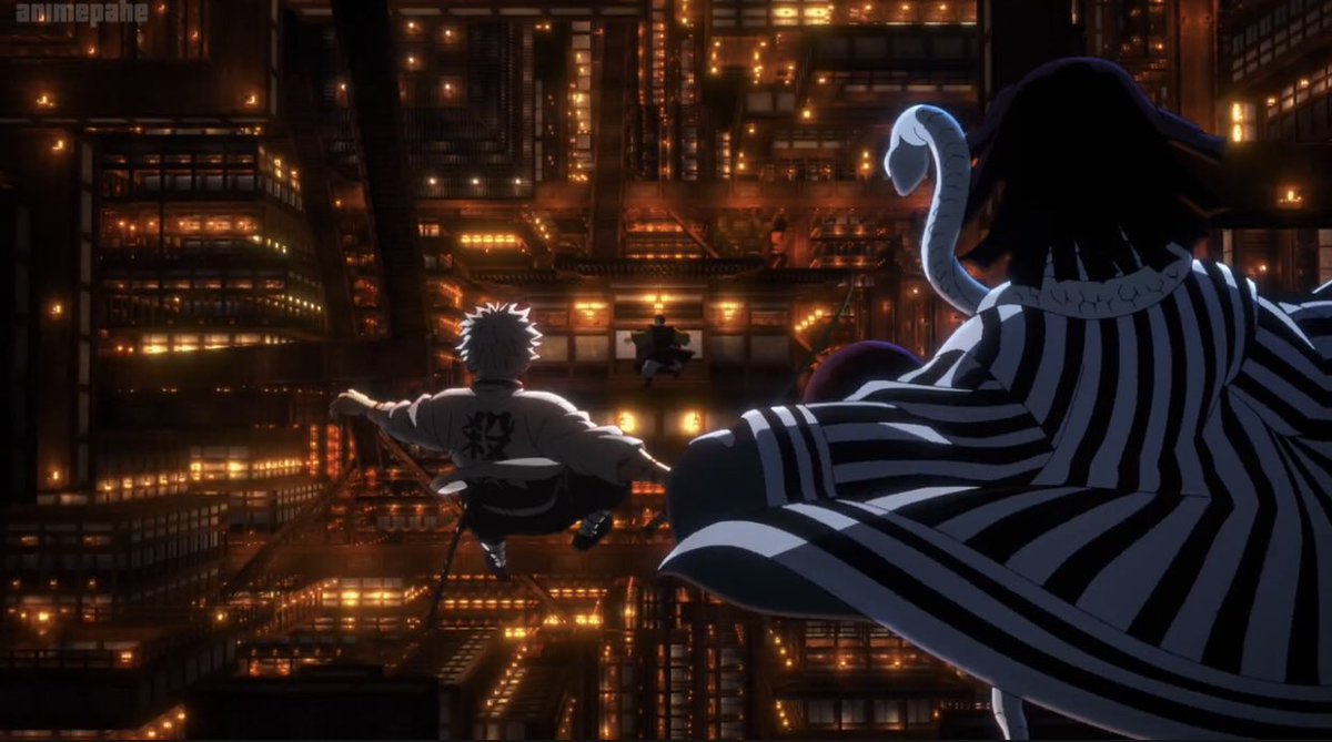 4Tanji's tweet photo. The episode starts with around 7 minutes of original anime scenes featuring sanemi and obanai chasing demons that were kidnapping people and ending up falling for a brief moment into the infinity castle

Great addition that was made even better with Go shiina’s osts https://t.co/iDLARUpQdu