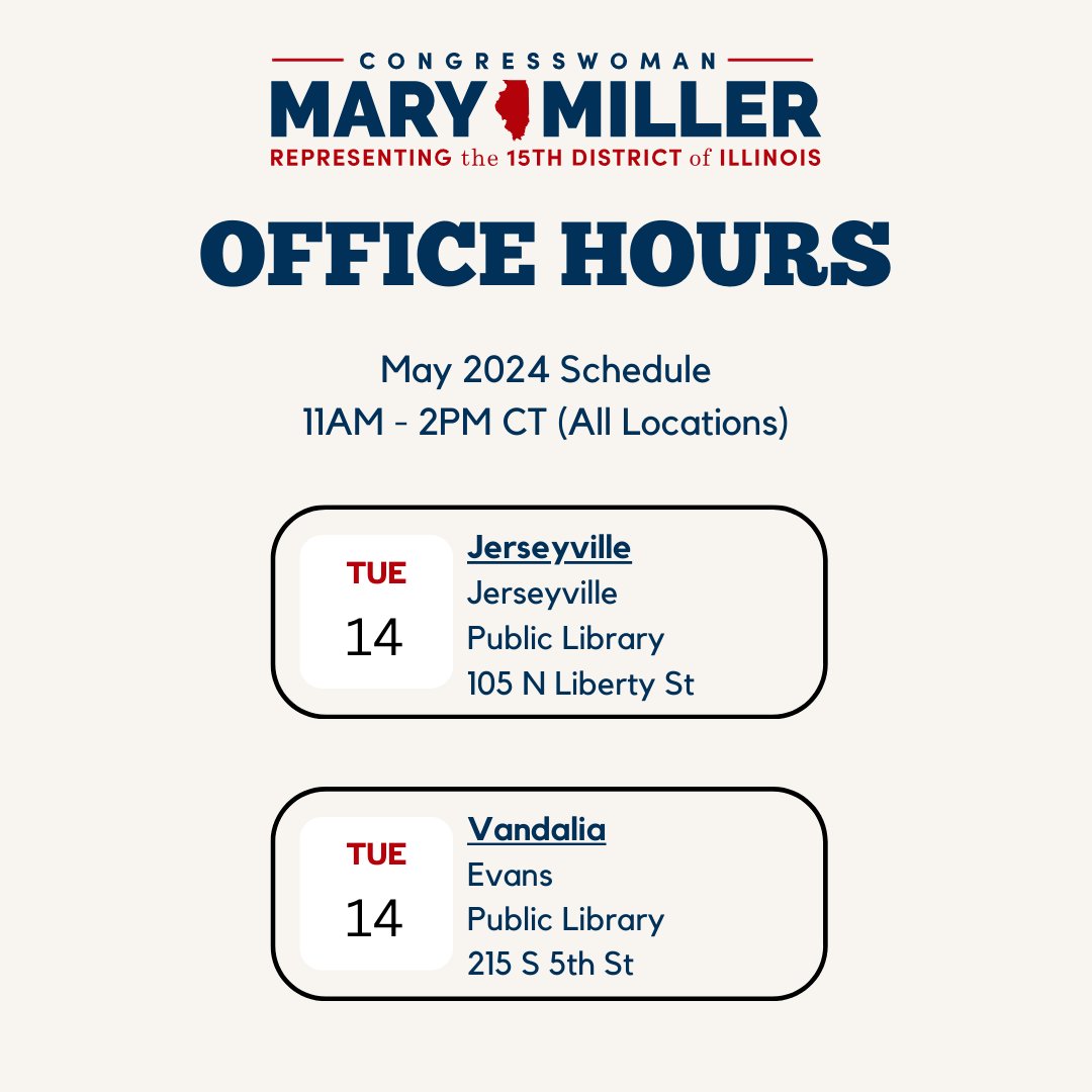 My district staff is hosting additional local office hours this week! Please stop by if you need assistance getting in contact with a Federal Agency. My staff is available to help with Social Security, IRS, VA, and other federal issues.