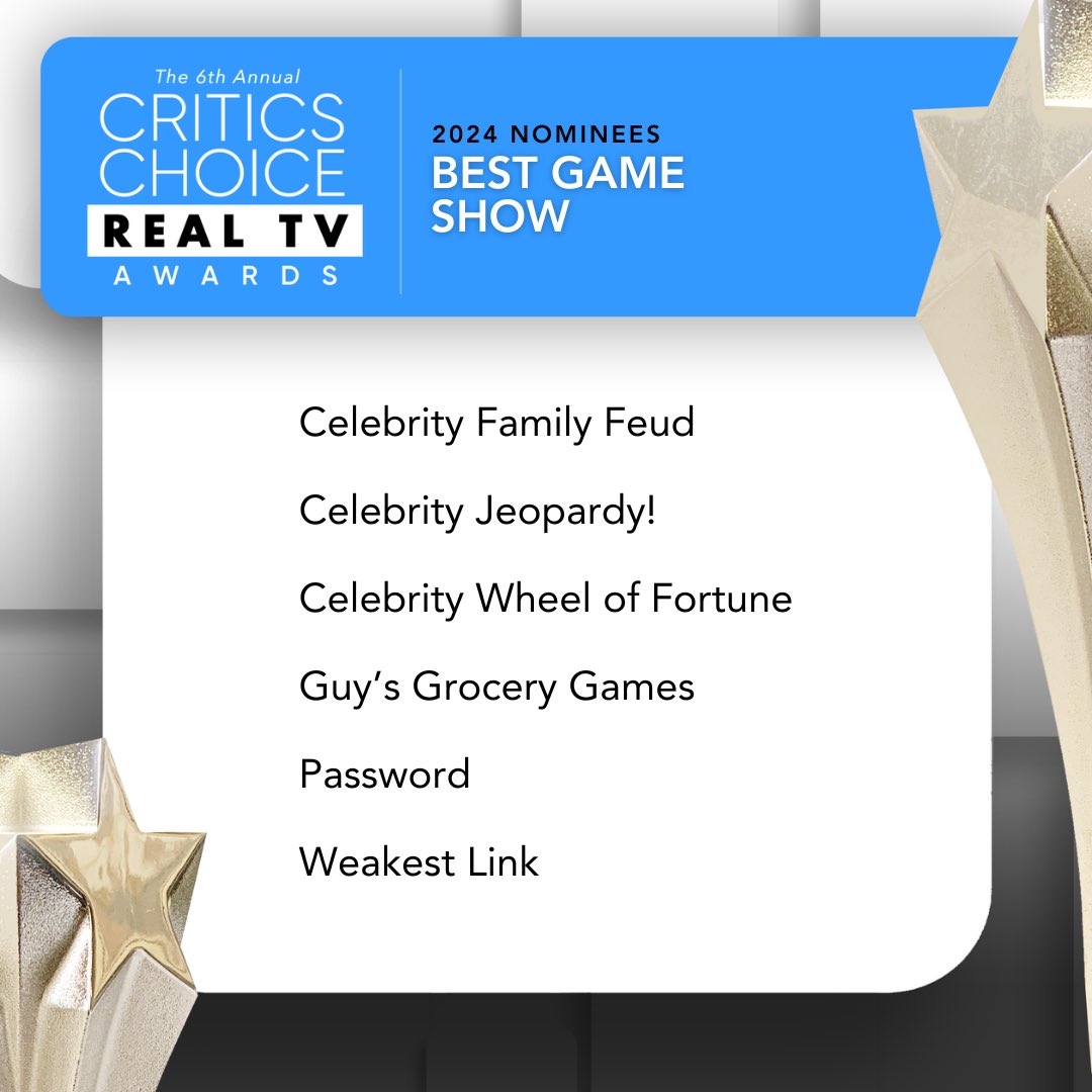 Congratulations to the Critics Choice Real TV 'Best Game Show” nominees! ⭐️Celebrity Family Feud (@ABCNetwork) ⭐️Celebrity Jeopardy! (@ABCNetwork) ⭐️Celebrity Wheel of Fortune (@ABCNetwork) ⭐️Guy’s Grocery Games (@FoodNetwork) ⭐️Password (@nbc) ⭐️Weakest Link (@nbc) Winners
