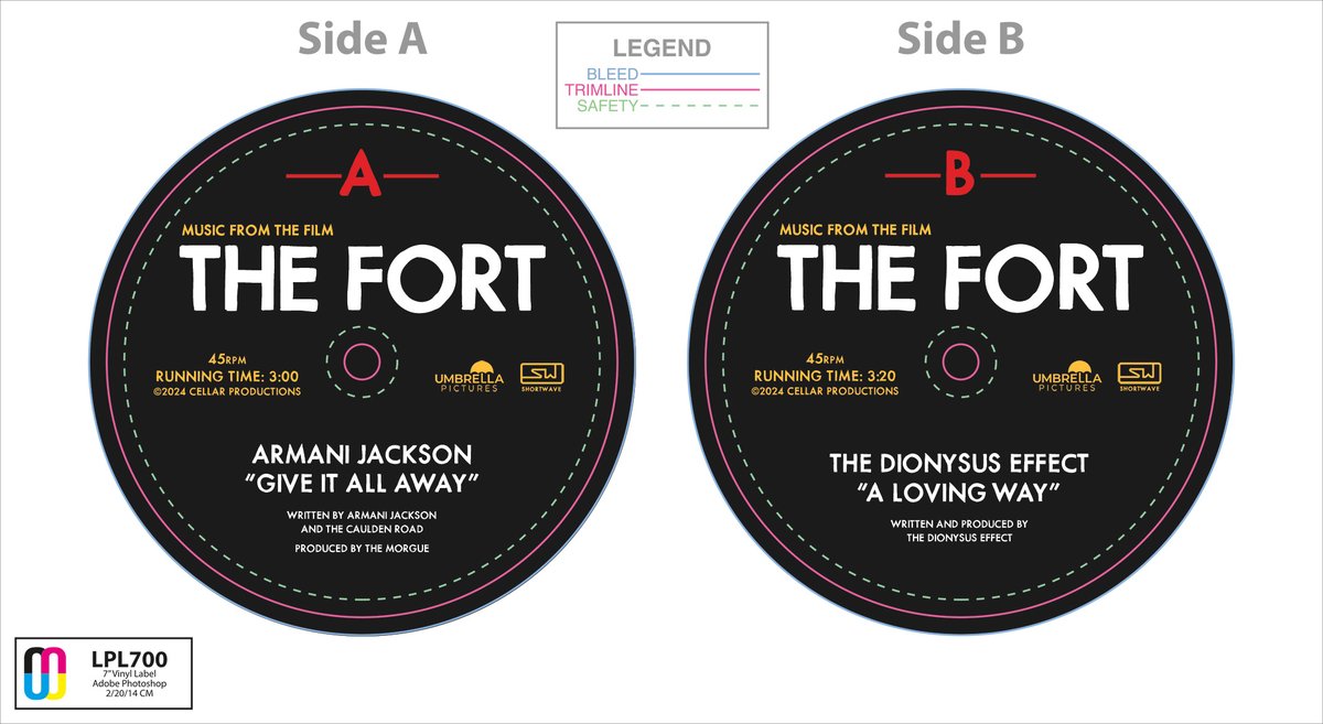 I finished the designs for the 7' vinyl soundtrack of THE FORT: MUSIC FROM THE FILM this weekend. THE FORT features *two* original songs written specifically for the film. 'Give It All Away' by co-star @ArmaniJackson and 'A Loving Way' by @christophpaul_'s band, @DionysusEffect.