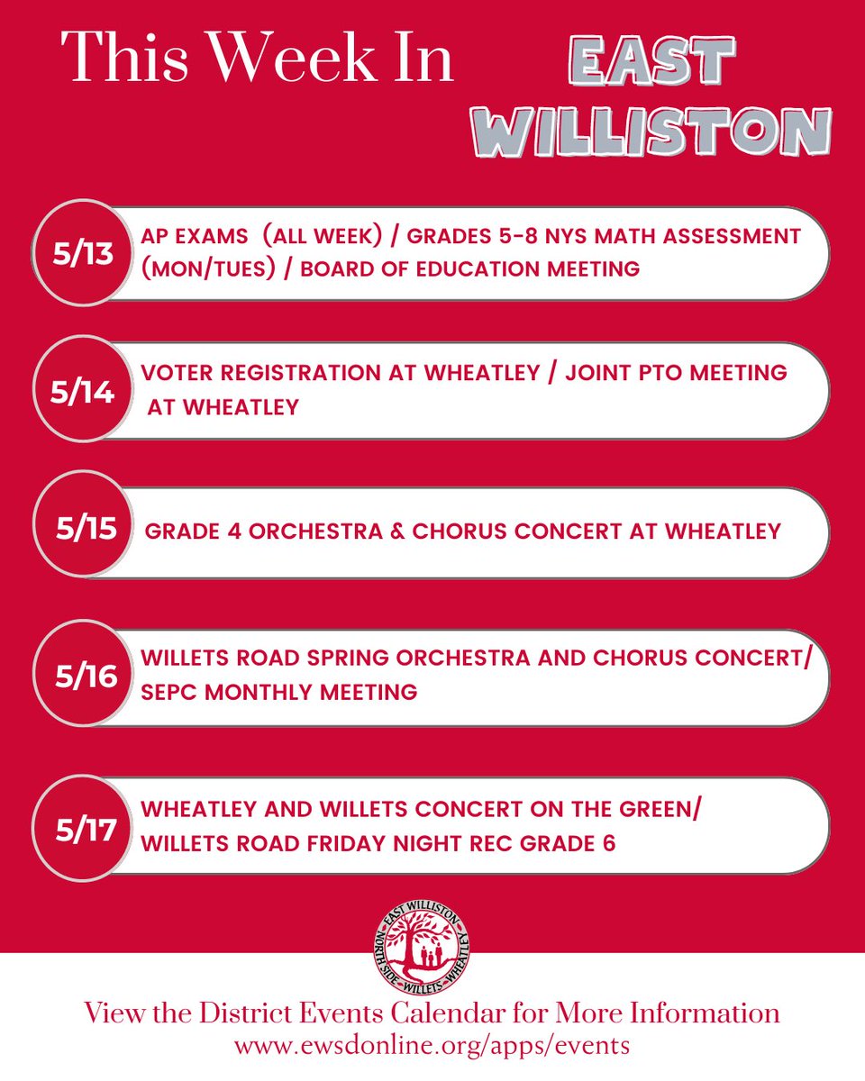 Happy Monday, East Williston! Check the district website for details and more information: ewsdonline.org/apps/events @wheatleyschool @WilletsRoadMS @NorthSideEW @WheatleySports #ewlearns