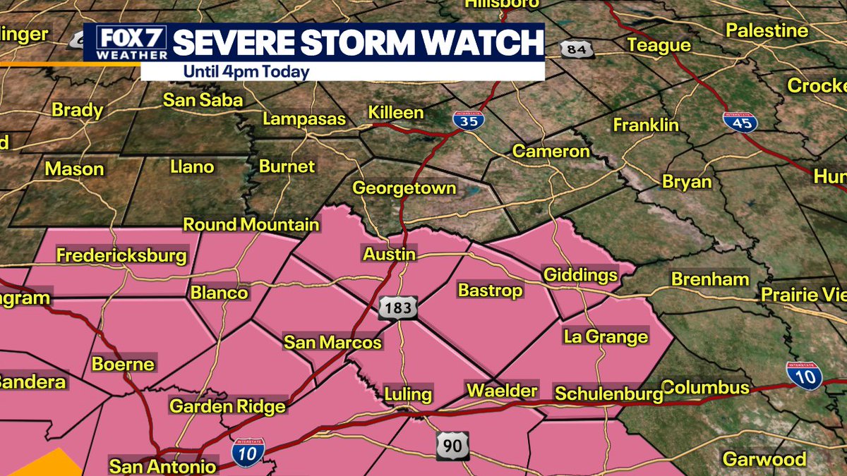 SEVERE THUNDERSTORM WATCH for much Central Texas until 4pm. Large hail and damaging winds are possible as the storms move in from the southwest. The tornado and flooding risk are very low. Stay weather aware!