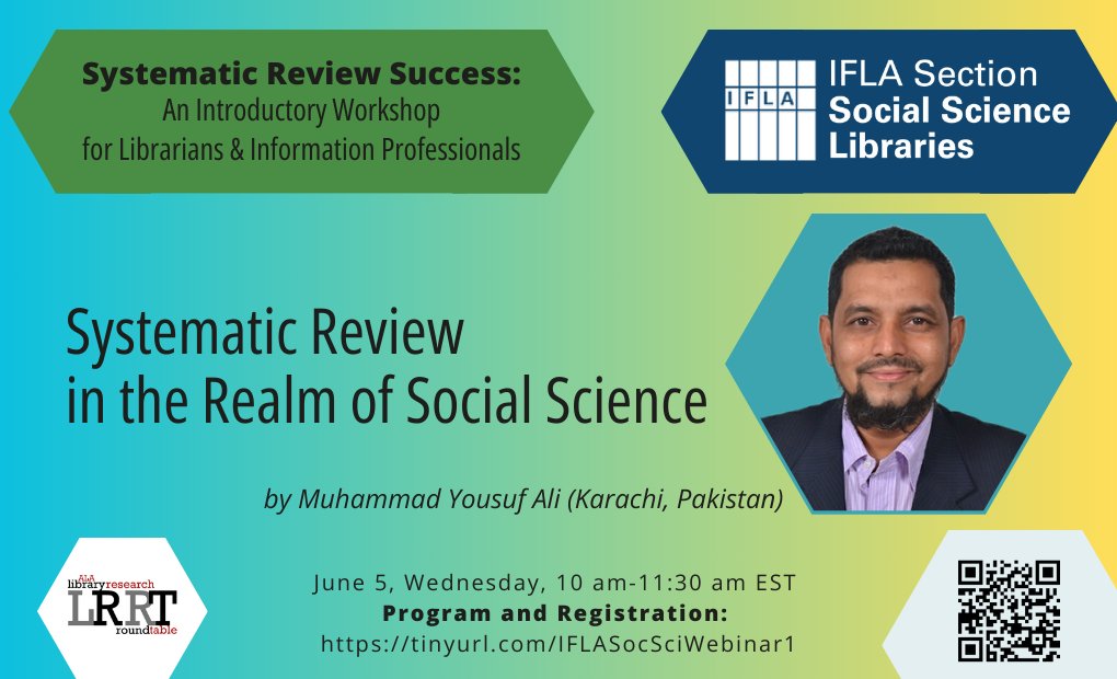 Are you planning to participate in the webinar Systematic Review Success: An Introductory Workshop for Librarians &amp; Information Professionals?

More information about our first presenter is published in our blog: blogs.ifla.org/social-science…

Registration: tinyurl.com/IFLASocSciWebi…