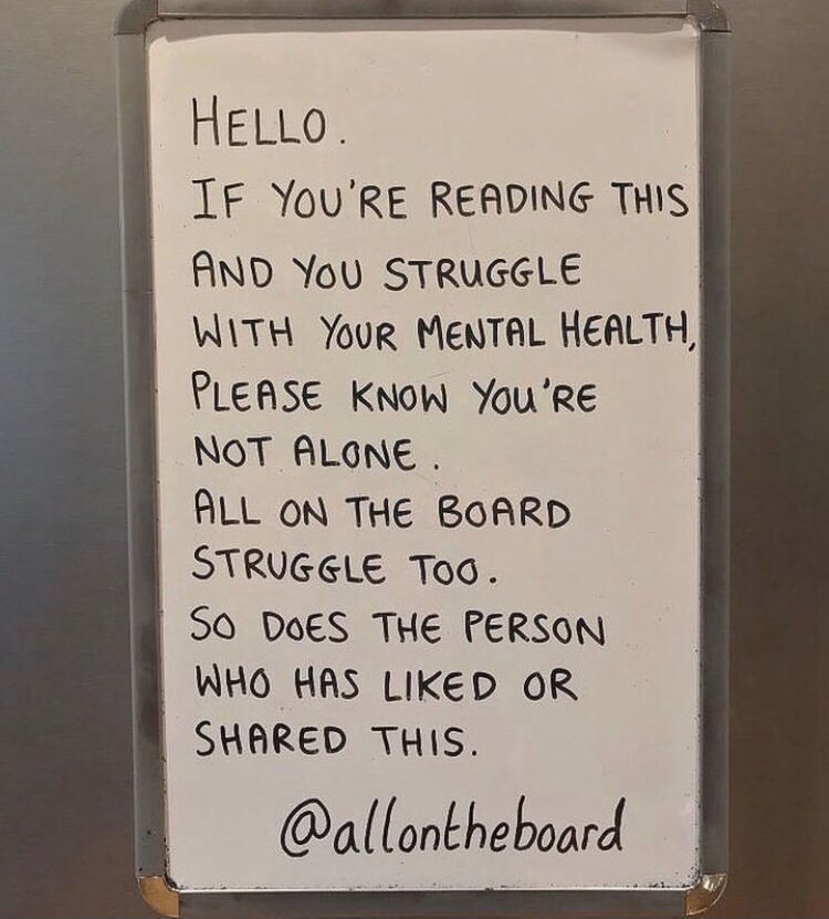 As lonely as it feels when you’re struggling with your mental health please know you’re not alone. We sometimes struggle too. So does the person who has liked or shared this. You are not alone.

#MentalHealthAwarenessWeek #MentalHealth