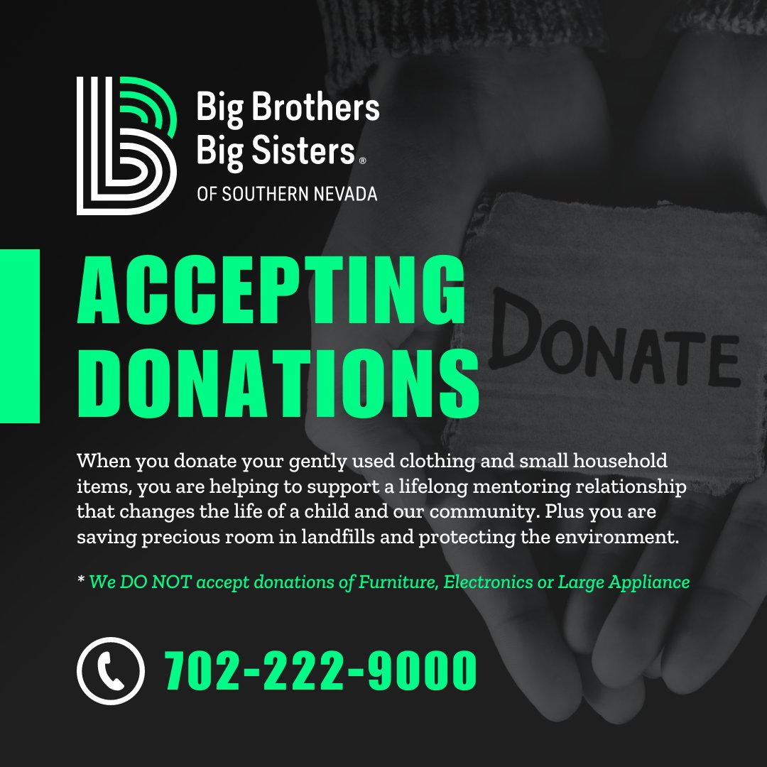 BBBSofSNV's tweet image. Your gently used clothing and small household items donations to Big Brothers Big Sisters of Southern Nevada make a BIG impact! Visit our website to learn more!

#DonateToday #VegasStrong #AcceptingDonations