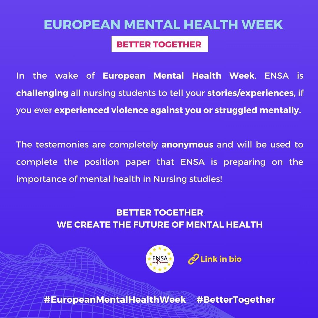 ensa_nursing's tweet photo. This week, we're shedding light on the mental health challenges faced by nursing students during their placements and hospital experiences. At ENSA we're committed to advocating for safer and healthier environments for nursing students!  Link for the form in the first comment ✌️ https://t.co/35IWUo7Z8G