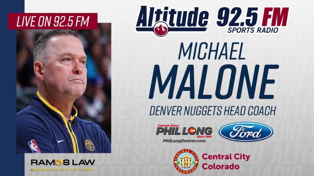 10:20 AM TODAY @Nuggets HC Michael Malone joins @ChrisADempsey & @Coach_Sanford2 to talk about the resurrection in Minnesota as they tie the series with the Timberwolves! ALSO: Win $50 to @AltitudeAuth @forddenver & @CentralCityColo #MileHighBasketball #Road2Gold #NBAPlayoffs