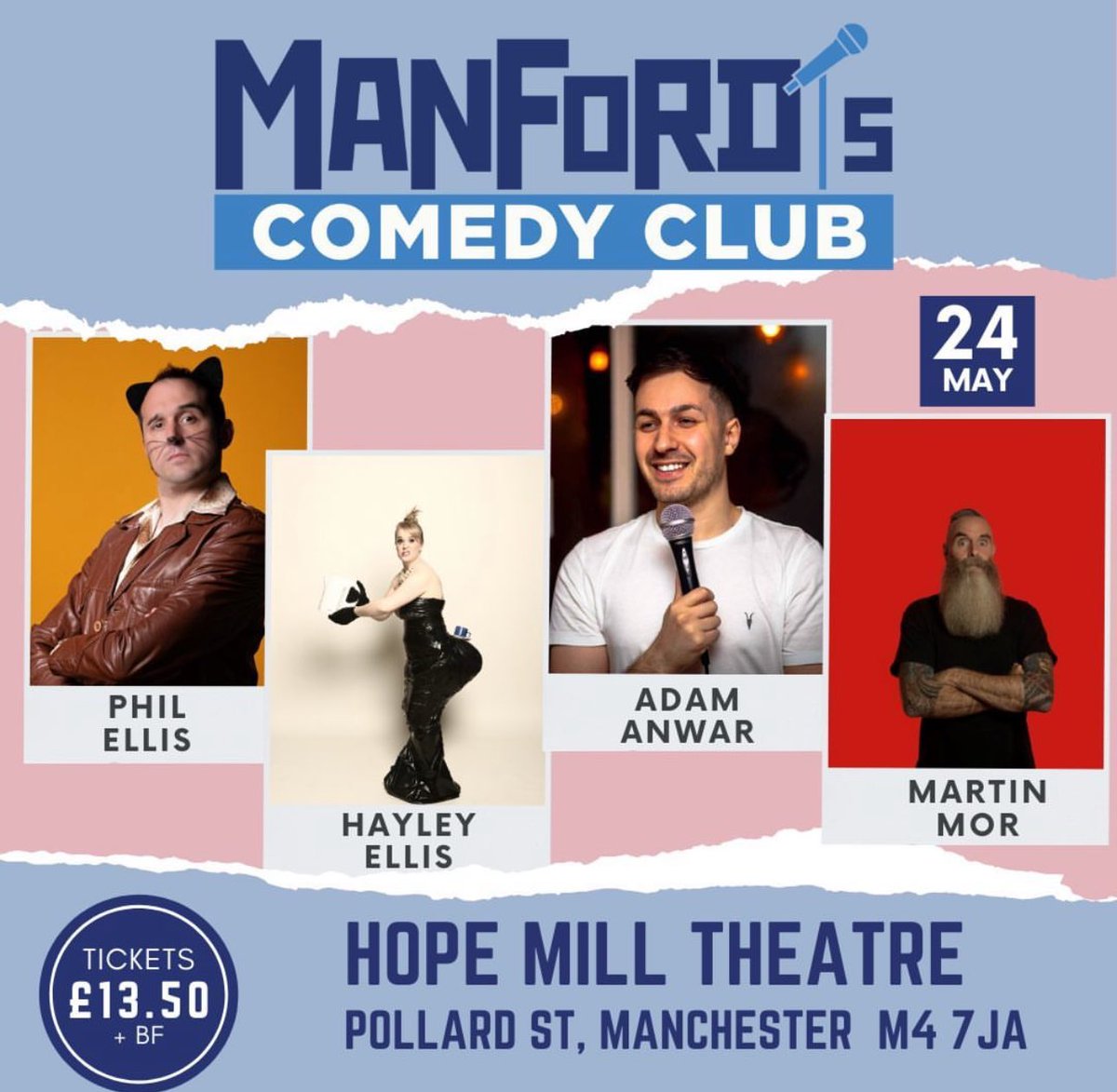 night only Manford’s Comedy Club returns with 4 new comedians! Tickets are selling fast so book now before it’s too late! #ManfordsComedy 📆24th May 🎟️hopemilltheatre.co.uk/event/manfords…