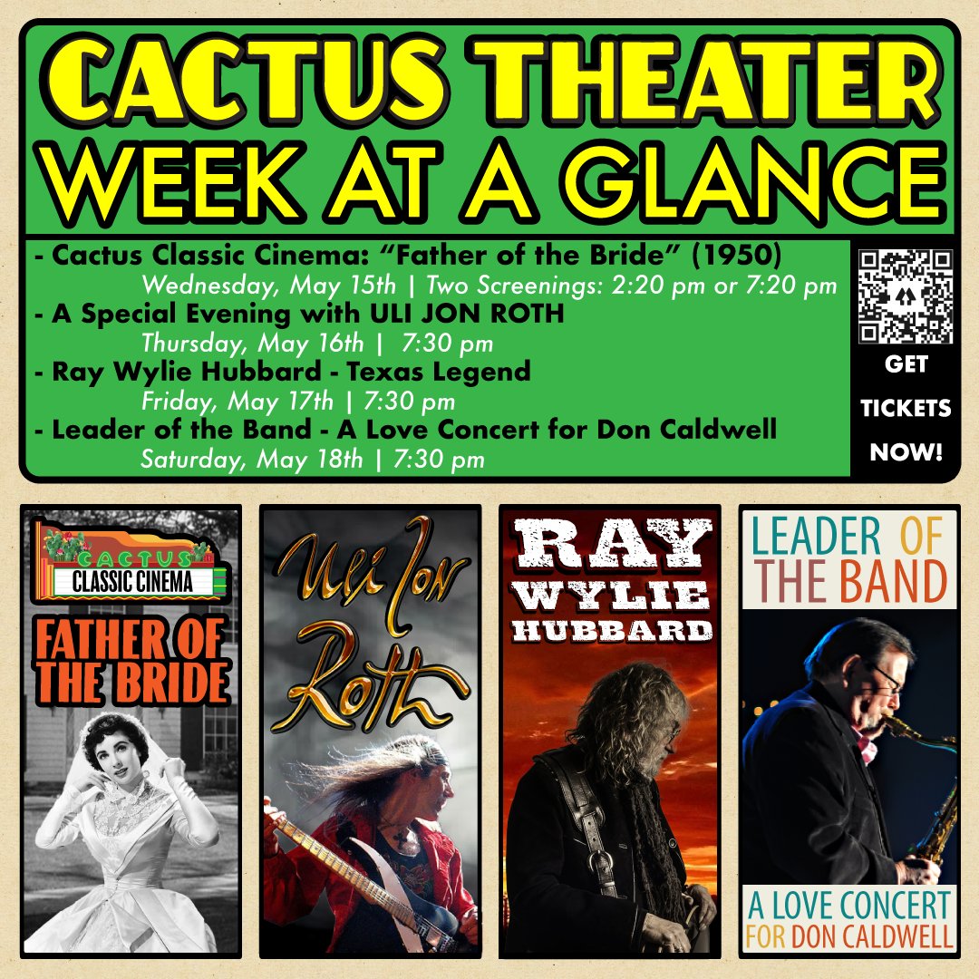 Cactus Theater Week At A Glance! We have some exciting shows coming up this week including film screenings and concerts! GET TICKETS NOW! 🎟 > bit.ly/3MRhFGf or cactustheater.com #lubbock #hubcity #cactustheater #caldwellentertainment #ulijonroth #raywyliehubbard