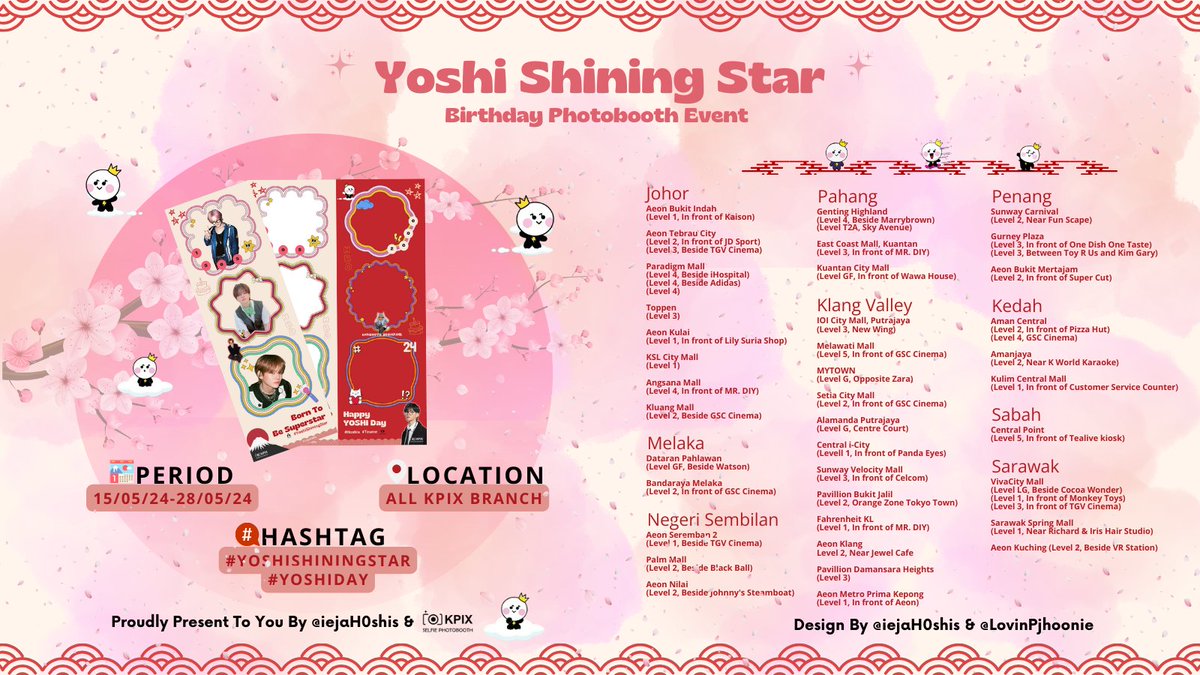 yoxitopia's tweet photo. Calling to all Teume and especially, Hoshis!

It's Yoshi Day!   

You're invited to our beloved #Yoshi's #YoshiShiningStar and #YoshiDay photobooth birthday event at @kpixphotobooth

📅15th May 2024 - 28th May 2024
📍   KPIX Photobooth (All branches)  

Remember to share and tag us and @treasuremembers your beautiful photos too. Yoshi would definitely love to see you💕