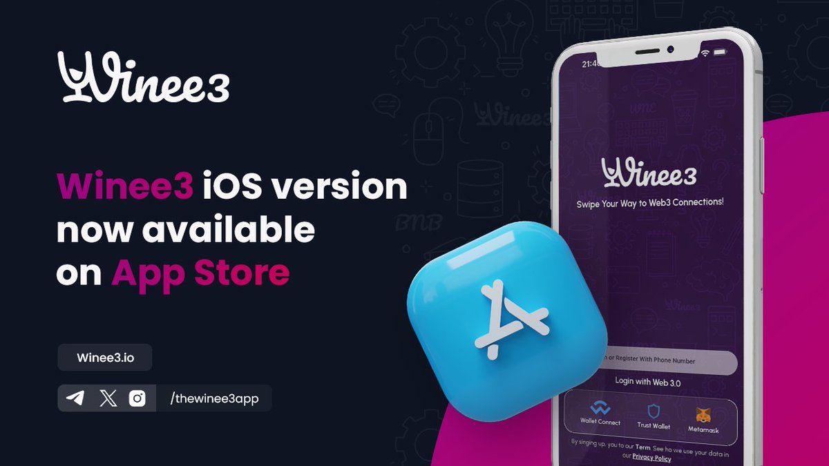 thewinee3app's tweet photo. 🚀 Exciting News! 🚀 #Winee3 unveils its open beta on #iOS, marking a giant leap in #SocialFi networking. 

Dive into the future of professional connections with cutting-edge #Web3 tech.

🔽Download now: https://t.co/cQEvKxr7uB

And #Android users, your turn is coming soon! Stay tuned for updates. #NetworkingEvolved