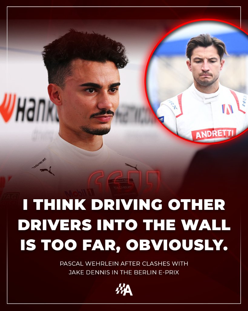 Pascal Wehrlein believes contact “should not happen” between cars using Porsche’s Formula E powertrain after several incidents with Jake Dennis in Berlin 😬 “I think driving other drivers into the wall is too far, obviously,” Wehrlein told Autosport. #BerlinEPrix #FormulaE