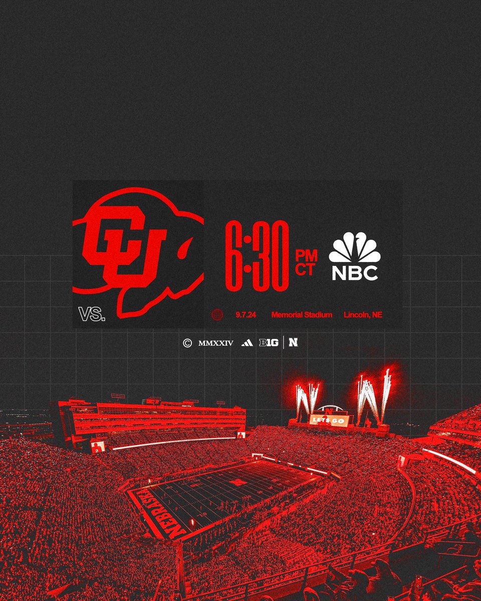 Nebraska Football (@huskerfootball) on Twitter photo 𝗞𝗶𝗰𝗸𝗶𝗻𝗴 𝗼𝗳𝗳 𝗪𝗲𝗲𝗸 𝟮 𝘂𝗻𝗱𝗲𝗿 𝘁𝗵𝗲 𝗹𝗶𝗴𝗵𝘁𝘀 🏟️
📅 9.7
📍Memorial Stadium
🕡 6:30 PM CDT
📺 <a href="/NBCSports/">NBC Sports</a>
#GBR x #WhatsNExt! 𝗞𝗶𝗰𝗸𝗶𝗻𝗴 𝗼𝗳𝗳 𝗪𝗲𝗲𝗸 𝟮 𝘂𝗻𝗱𝗲𝗿 𝘁𝗵𝗲 𝗹𝗶𝗴𝗵𝘁𝘀 🏟️
📅 9.7
📍Memorial Stadium
🕡 6:30 PM CDT
📺 <a href="/NBCSports/">NBC Sports</a>
#GBR x #WhatsNExt!