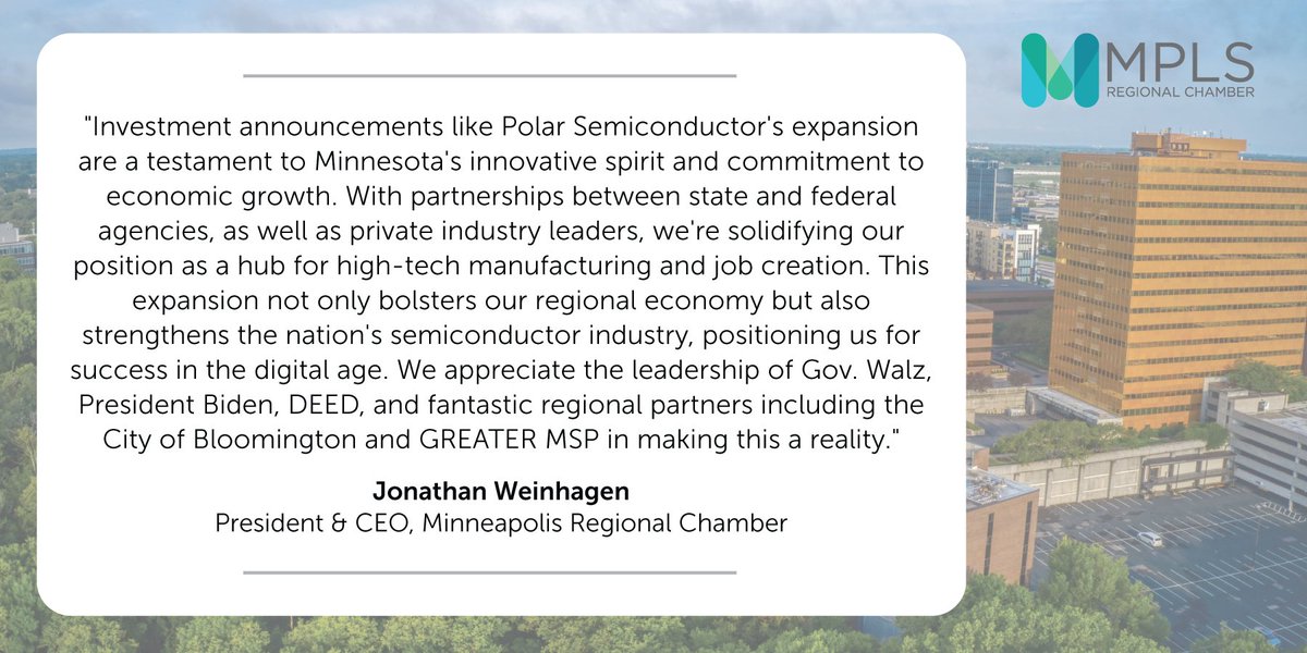 Minneapolis Regional Chamber (@mplschamber) on Twitter photo Statement from our President & CEO <a href="/jweinhagen/">Jonathan Weinhagen</a> regarding <a href="/GovTimWalz/">Governor Tim Walz</a>'s announcement of a historic investment in MN semiconductor manufacturing.
<a href="/StarTribune/">The Minnesota Star Tribune</a> article here: startribune.com/polar-semicond… Statement from our President & CEO <a href="/jweinhagen/">Jonathan Weinhagen</a> regarding <a href="/GovTimWalz/">Governor Tim Walz</a>'s announcement of a historic investment in MN semiconductor manufacturing.
<a href="/StarTribune/">The Minnesota Star Tribune</a> article here: startribune.com/polar-semicond…