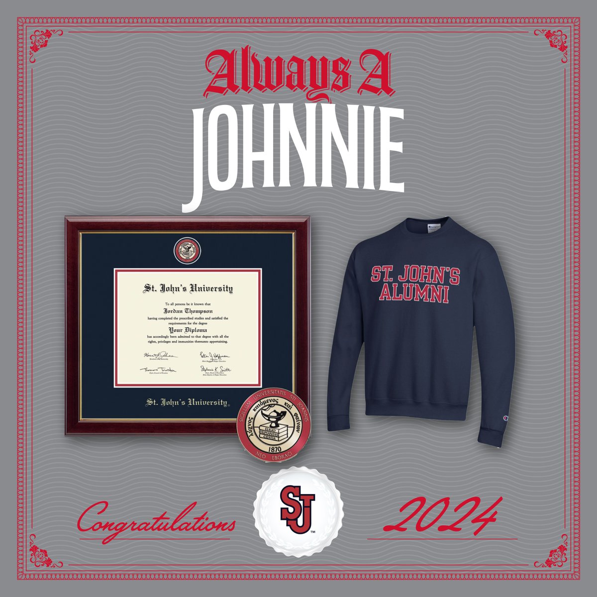 Soon to be a graduate but ALWAYS a Johnnie! 🎓 Celebrate the newest St. John’s grad in your life with the latest Alumni gear 🎉 🔗bit.ly/4aeNuUl #WeAreNewYorksTeam #RedStorm