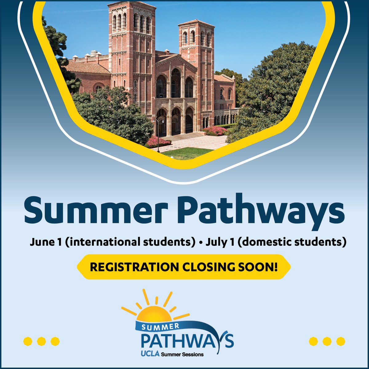 Registration is closing soon for the Summer Pathways program! Select a thoughtfully-crafted pathway, take part in engaging co-curriculars, access early college counseling and build relationships with your fellow Bruins this summer. bit.ly/uclasummerpath…