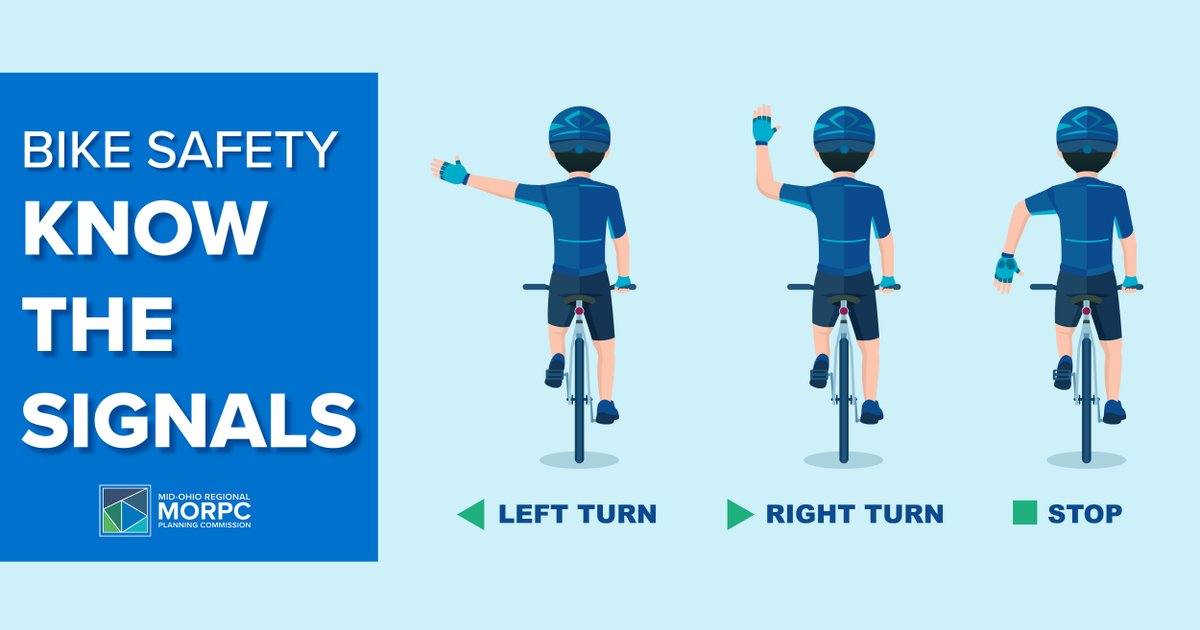 MORPC's tweet photo. Hand signals are a simple but effective way to communicate with drivers when riding on the road. Cyclists are responsible for being visible and predictable on the road, and drivers need to understand the signals. #BikeSafetyWeek #BikeMonth https://t.co/prCmzgD0Vw