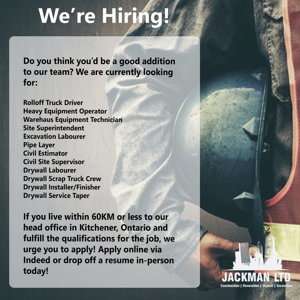 We're hiring multiple positions and looking for some experienced individuals to fill them. If you or someone you know is looking and can satisfy the qualifications - then apply now! We are accepting resumes via Indeed (link in bio) or in person.#workwithus #hardwork #jackmanltd