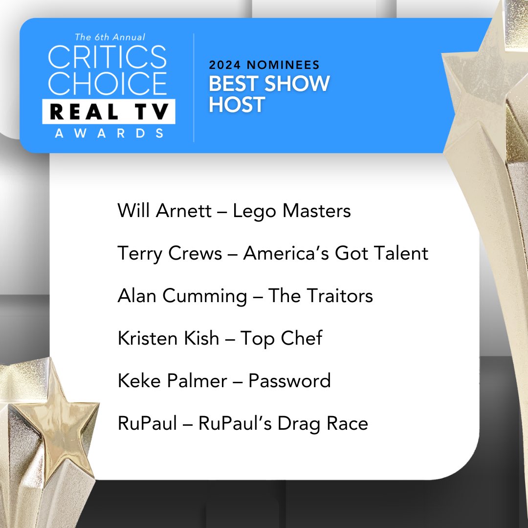 Congratulations to the Critics Choice Real TV Awards 'Best Show Host” nominees! ⭐ Will Arnett – Lego Masters (@FOXTV) ⭐ Terry Crews – America’s Got Talent (@nbc) ⭐ Alan Cummings– The Traitors (@peacock) ⭐Kristen Kish – Top Chef (@BravoTV) ⭐Keke Palmer – Password (@nbc)