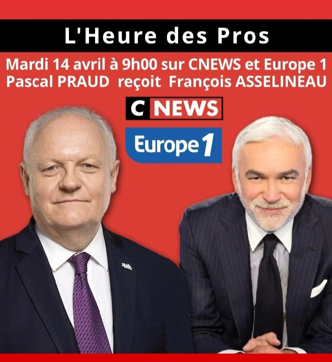 ⚠️🎙 Je suis l'invité de Pascal Praud ce mardi 14 avril, dans son émission 'L'heure des Pros', de 9h00 à 9h30 sur CNEWS et EUROPE 1.