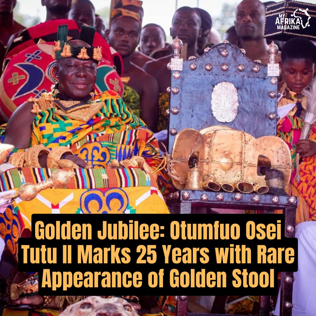 'Historic Moment: Golden Stool Emerges as Asantehene Celebrates 25 Years on the Throne' In a momentous occasion marking the 25th Anniversary of the enstoolment of Otumfuo Osei Tutu II, the revered Golden Stool of the Asante Kingdom has emerged from its sanctum, granting a rare