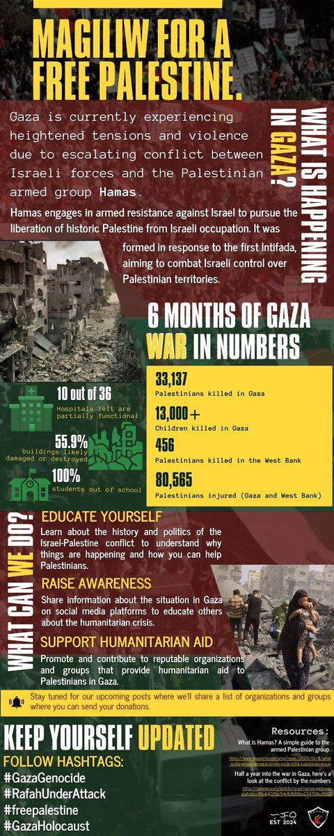 tagasulong_ofc's tweet photo. MAGILIW FOR A FREE PALESTINE

𝗦𝘁𝗮𝗻𝗱 𝗳𝗼𝗿 𝗷𝘂𝘀𝘁𝗶𝗰𝗲. In light of the ongoing genocide in Gaza, we're uniting to raise awareness and advocate for justice and equality. 

Hukbong Tagasulong, alongside other fanbases brings forth this primer with the help of insightful individuals to provide a brief overview of the current genocide. For those who are interested to know more, follow the hashtags mentioned below for more detailed information and timely updates.