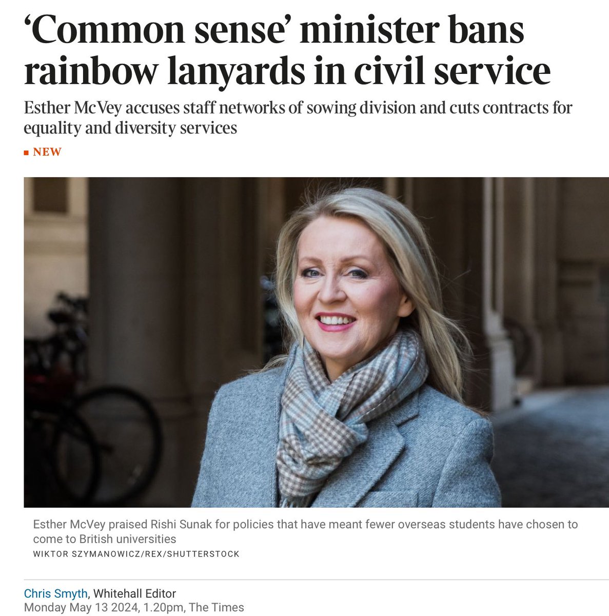 paullewismoney's tweet photo. As PM warns of threats from "axis of authoritarian powers" Russia, Iran, North Korea and China and warns of "dangerous, transformational years...more will change in the next 5 years than in the last 30", Cabinet Office Minister McVey bans rainbow lanyards in the civil service. https://t.co/rrRyrfZVjL