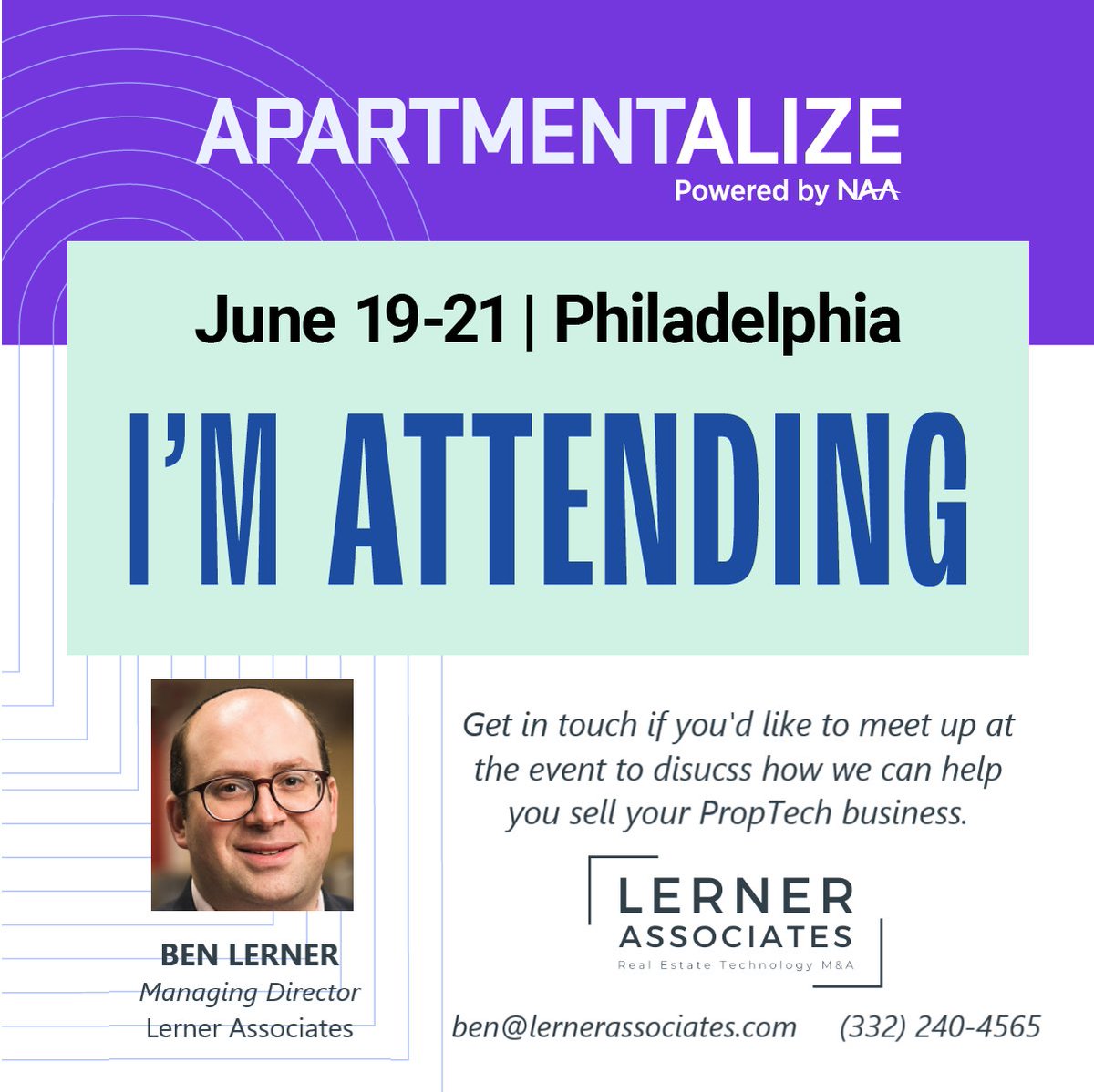 benslerner's tweet photo. Join me and @LernerAssociate at @NAAhq Apartmentalize in Philadelphia on June 19th 2024.

#proptech #Apartmentalize #Apartmentalize24 #mergersandacquisitions #multifamily #cretech https://t.co/VBfePv1R1L