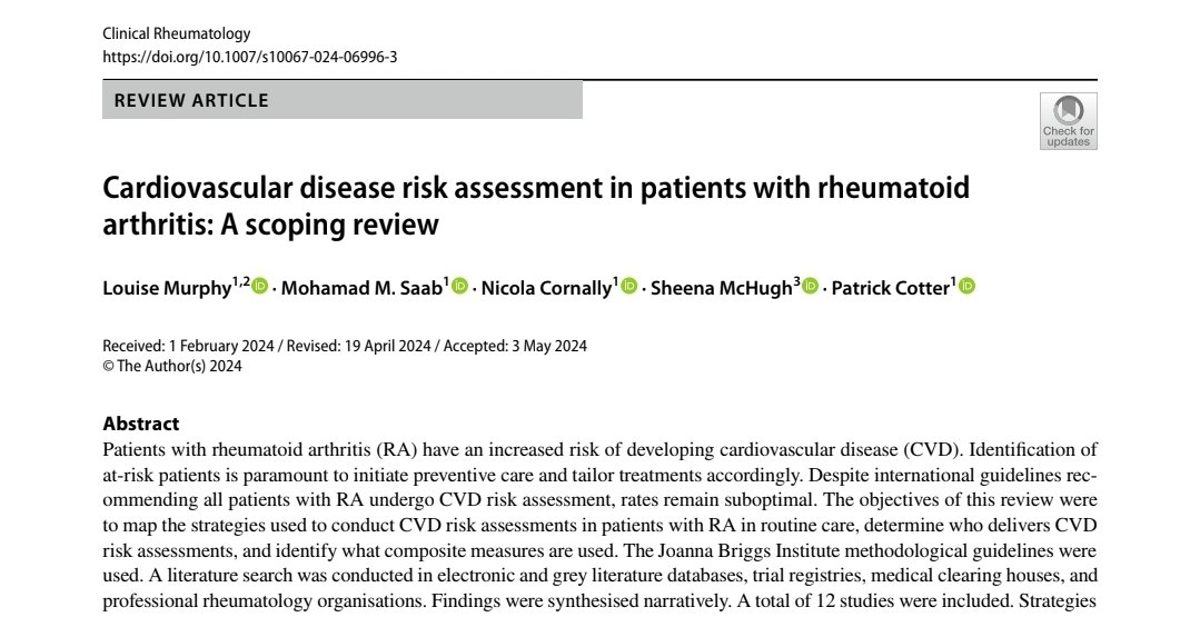 Delighted to see the 1st stage of my PhD research published online in Clinical Rheumatology 😀 V grateful to my @uccnursmid supervisors @patricktcotter1 @MohammadSaab7 @nicola_cornally and @SheMcHugh from @UCCPublicHealth and to my employment-based mentor Prof Grainne Murphy