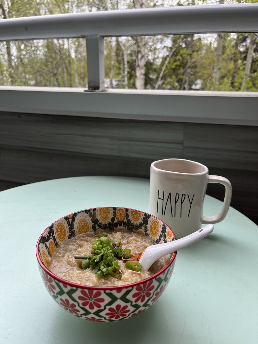 Today’s #patiopic. There is nothing more comforting than home made chicken congee and a hot cup of coffee for breakfast… on the patio. Feels great!! #HappyMonday