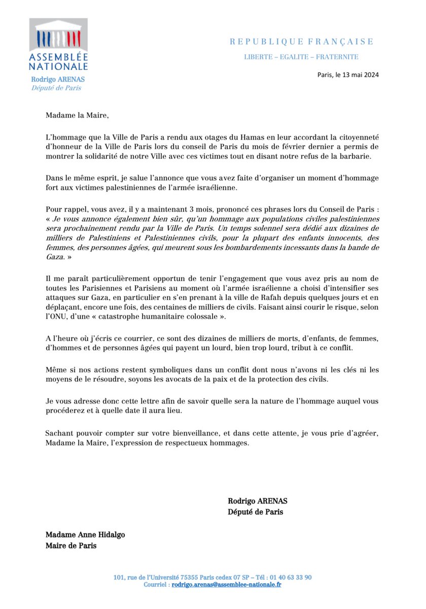 Lettre à A.Hidalgo l’invitant à tenir son engagement devant le conseil de Paris afin d’organiser « un temps solennel dédié aux dizaines de milliers de Palestiniens et Palestiniennes civils, pour la plupart des enfants innocents, qui meurent sous les bombardements […] »