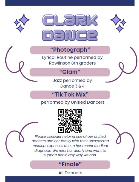 ClarkOlympics's tweet photo. Come out on Friday, May 17th for the #SpringRecital and watch the #UnifiedDancers perform. We will be performing in the auditorium at 6:30p. 

Consider scanning the QR code to help one of our dancers and her family. Any contribution is appreciated! 🫶🏼 https://t.co/qq9IVUnoHi