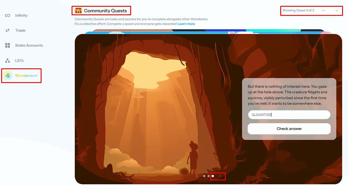 AlexSolGuru's tweet photo. Sanctum: The answer to the third quest !

@sanctumso - This is a DeFi platform for LST steaking with an emphasis on gamification, to simplify interaction with financial assets. 

In the project are active quests, performing - get a boost to pump pet.

Fixed a bug with the second quest, a guide to the execution.

Started the third quest:
 - Go here https://t.co/PPbi9dQnQ3, go down to Community Quests.
 - Click "Showing Quest 3 of 3".
 - Click on the third page, hint on the screenshot.
 - Enter the answer: GLOAMTIDE.

 Gives x2 to XP farming for a day, only for Juice pet.
