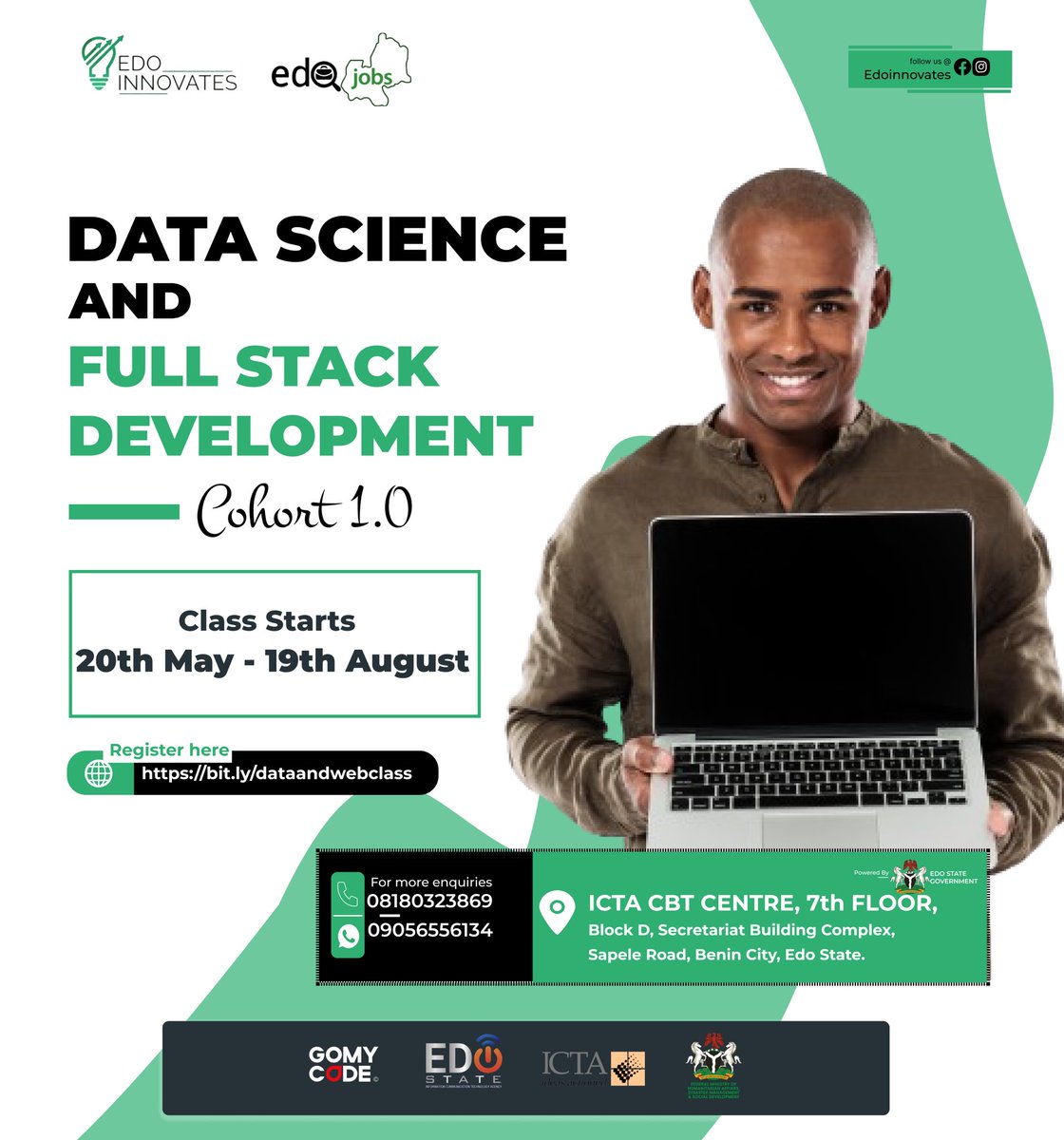 Join Edo Innovates in collaboration with ICTA for a FREE 4-MONTHS DATA SCIENCE and FULLSTACK DEVELOPMENT TRAINING, COHORT 1. Visit bit.ly/dataandwebclass to register! Venue:- ICTA CBT CENTER, 7th Floor, Block D, Secretariat Building Complex, Sapele Road. Benin City. Edo State.
