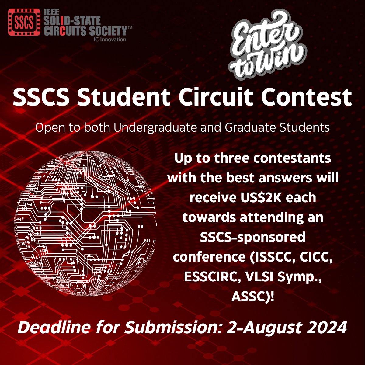 Reminder: The 2024 SSCS Student Circuit Contest is OPEN! Deadline to submit is 2-Aug. The goal of this challenge is to design an integrated circuit by using the greatest number of components picked from the provided list. Learn More: bit.ly/3Jdp0Qq