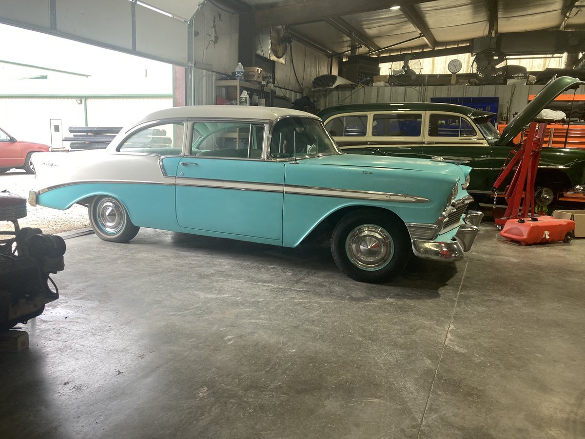 JohnnyM11194138's tweet photo. 1956 Chevy 2 door post in for a new drivetrain, the 235 straight 6 is worn out. Then we’ll install a new American Autowire wire harness as well. https://t.co/oKWCRb1hPW