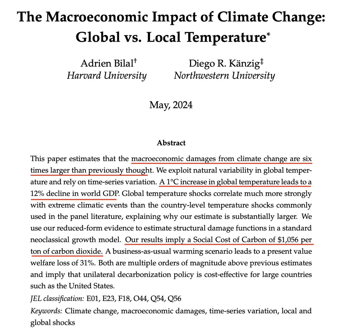 Simon Evans (@drsimevans) on Twitter photo Climate damages are "6X LARGER than previously thought", says new NBER working paper
– every 1C wipes out 12% of global GDP
– every tonne of CO2 causes >$1,000 of damages
<a href="/GernotWagner/">Gernot Wagner</a> tells me: "Assuming nobody finds a flaw in this paper, it is going to truly change things" Climate damages are "6X LARGER than previously thought", says new NBER working paper
– every 1C wipes out 12% of global GDP
– every tonne of CO2 causes >$1,000 of damages
<a href="/GernotWagner/">Gernot Wagner</a> tells me: "Assuming nobody finds a flaw in this paper, it is going to truly change things"