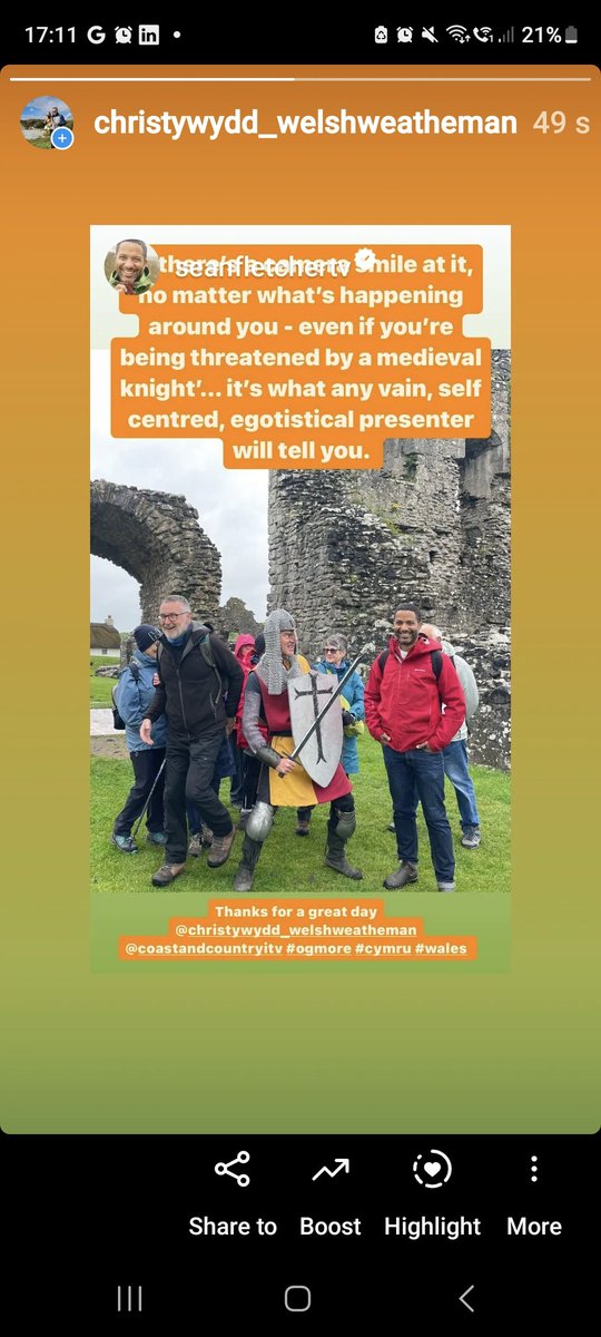 A wonderful day's filming today with nice people! Thank you to Sean Fletcher and @ITVWales Coast & Country for coming on one of my Vale Walks in the Ogmore by sea area. Great fun, great company & a 'Knight' greeting us at the castle. On air in the Summer! @visitthevale