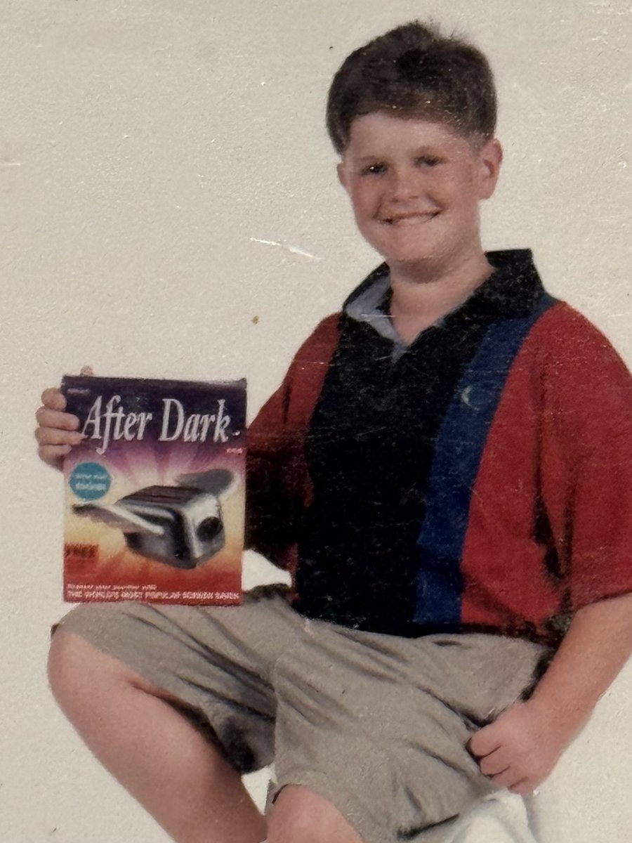So, while going through old pictures at my mom’s house yesterday, I came across this gem…

Me, in elementary school, holding an “After Dark” screensaver box.

I loved that screen saver, and could watch it for hours- BUT- to take a picture with it?!

Dear lord, NERD status!