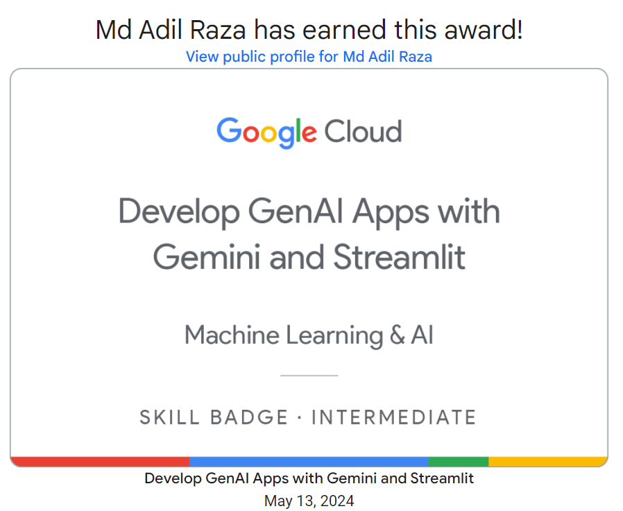 I'm excited to share the latest #GoogleCloudBadge I've earned on #GoogleCloudSkillsBoost cloudskillsboost.google/public_profile… 
Unlock the future of AI development with Gemini and Streamlit!