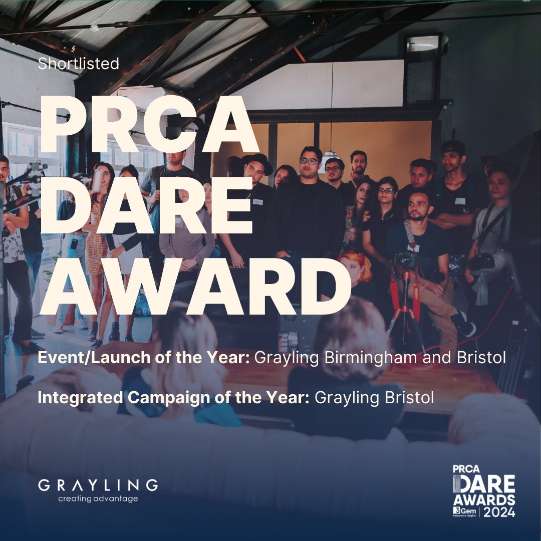 Our teams at Grayling Birmingham & Grayling Bristol are finalists in two categories at the #PRCADareAwards2024! Shortlisted for #Event /Launch of the Year with @PukkaHerbs & #Integrated Campaign of the Year with @Deliveroo. Congratulations to all! 🎉
