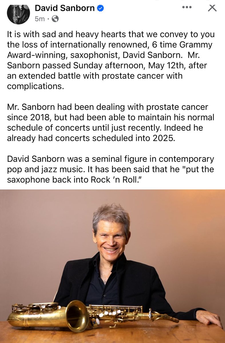 contempojazz's tweet photo. What a loss. So sad. A contemporary jazz legend. An inspiration to so many. Thanks for so much great music @DavidSanborn https://t.co/oGsBBXy1Er