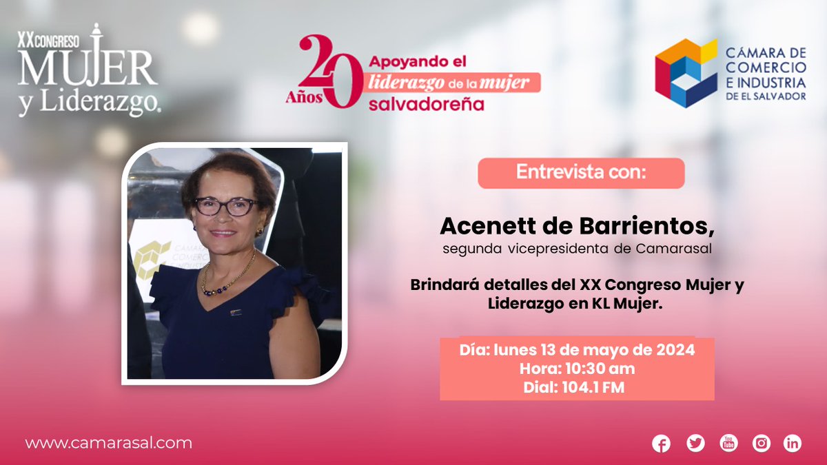 #EnBreve: Acenett de Barrientos, segunda vicepresidenta de #Camarasal, conversará sobre el XX #CongresoMujerYLiderazgo en #KLMujer, de @radioyskl 

¡Sintonízalo!